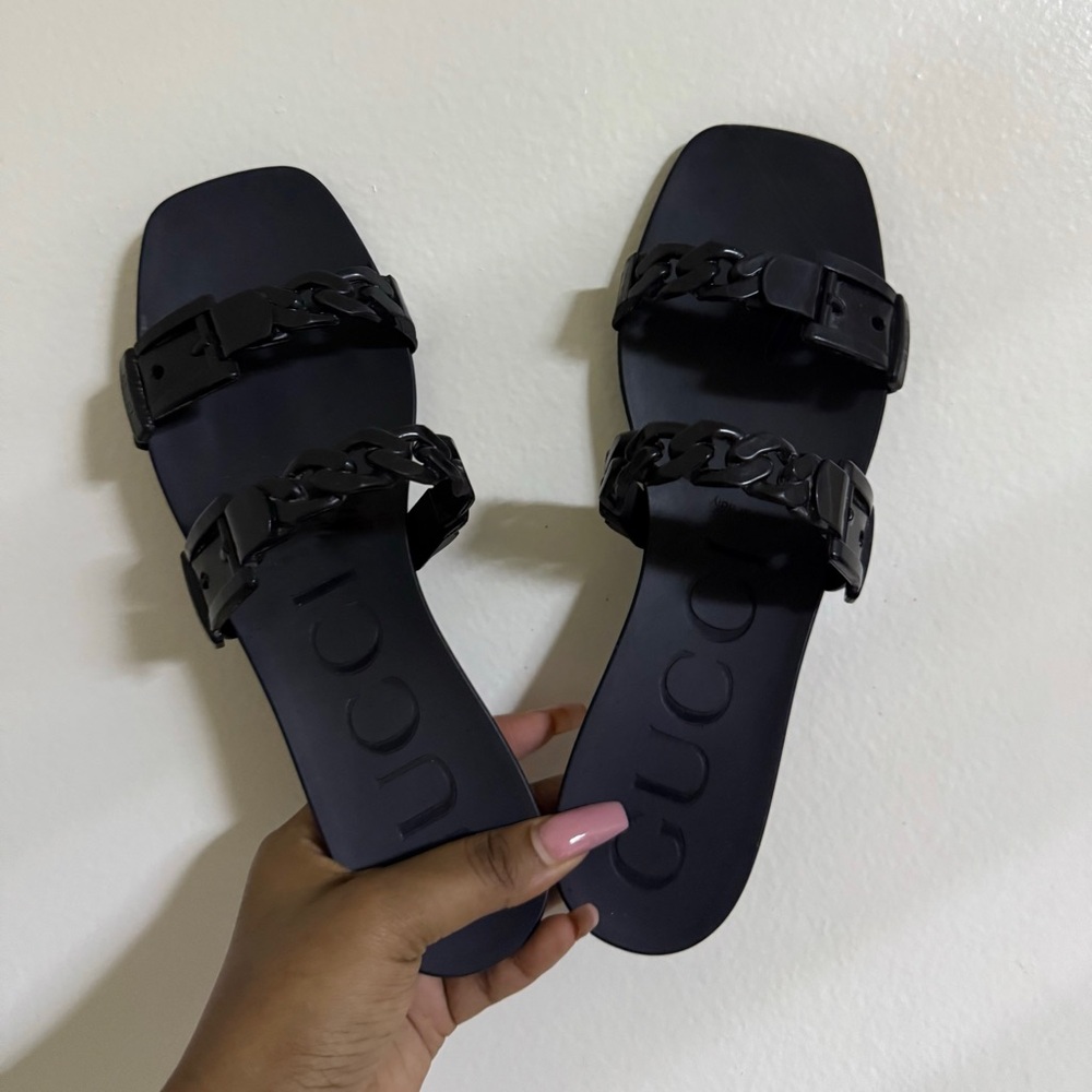 Gucci Teena Chain Link Rubber Black Slide Sandals